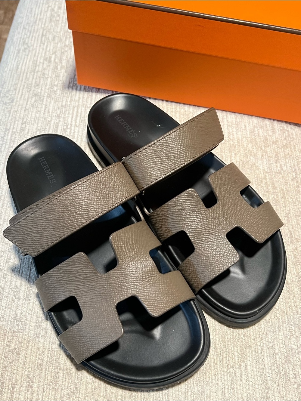 Hermes Women’s Taupe Chypre Slide Sandals with Black Footbed